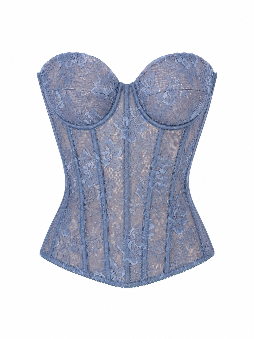 Blue Lace Corset with Beige Satin & Sheer Mesh