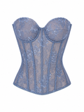 Blue Lace Corset with Beige Satin & Sheer Mesh