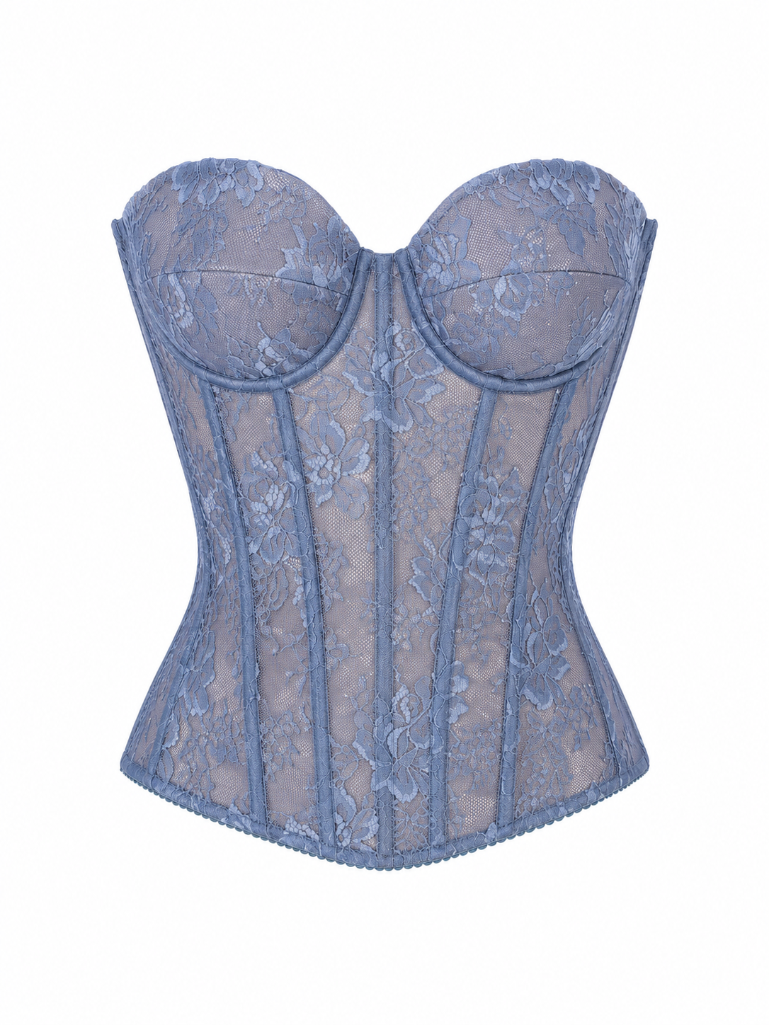Blue Lace Corset with Beige Satin & Sheer Mesh