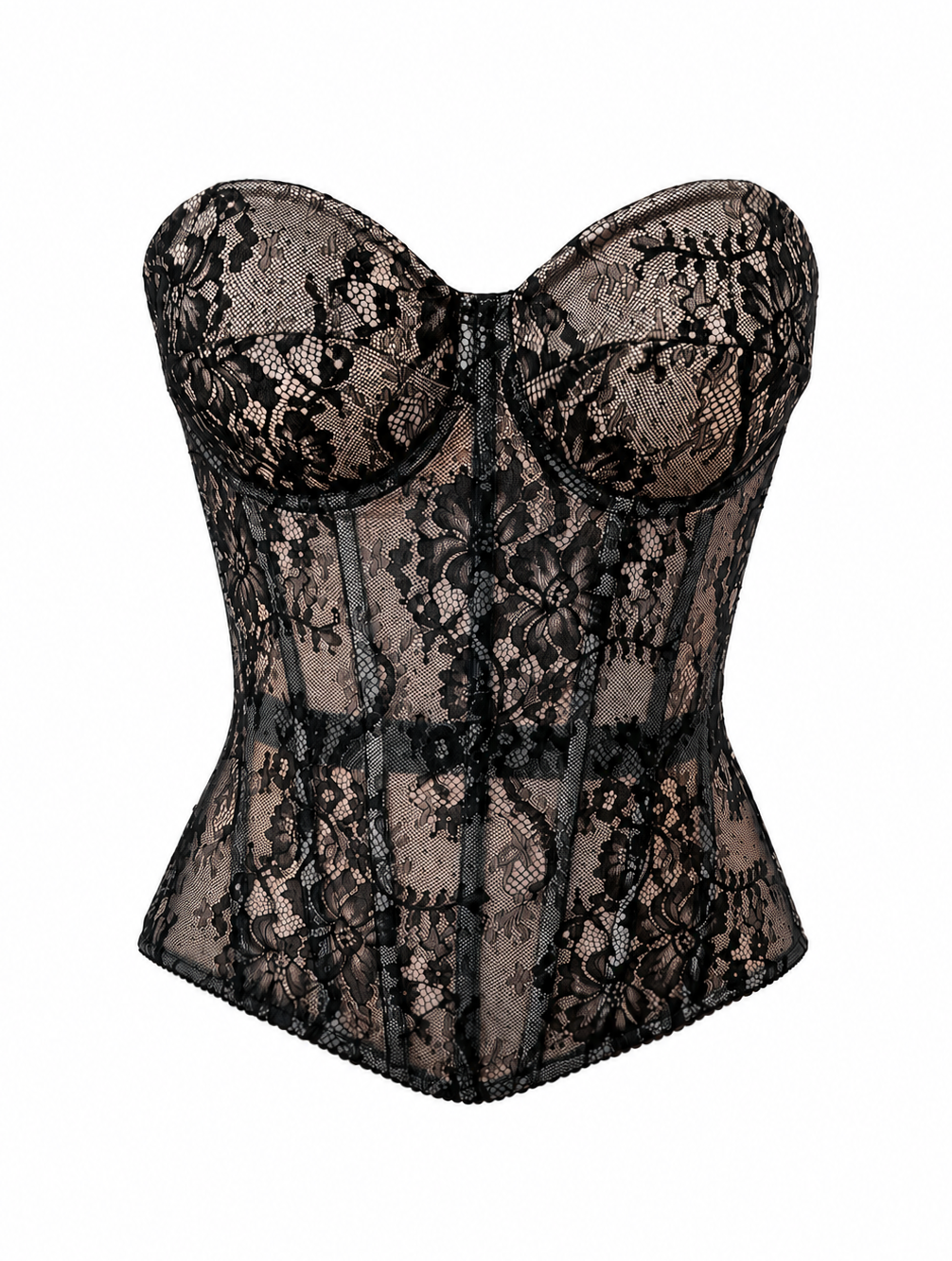 Black lace corset with beige satin and mesh